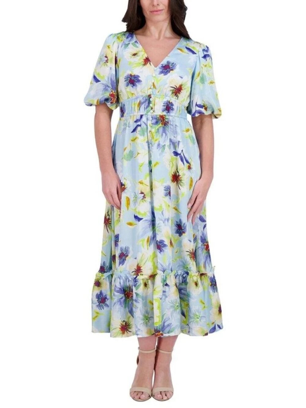 Kensie Light Blue Printed Chiffon Midi Dress